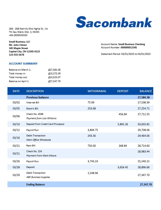 Modèle Word et PDF de relevé de compte courant de l'organisation Sacombank